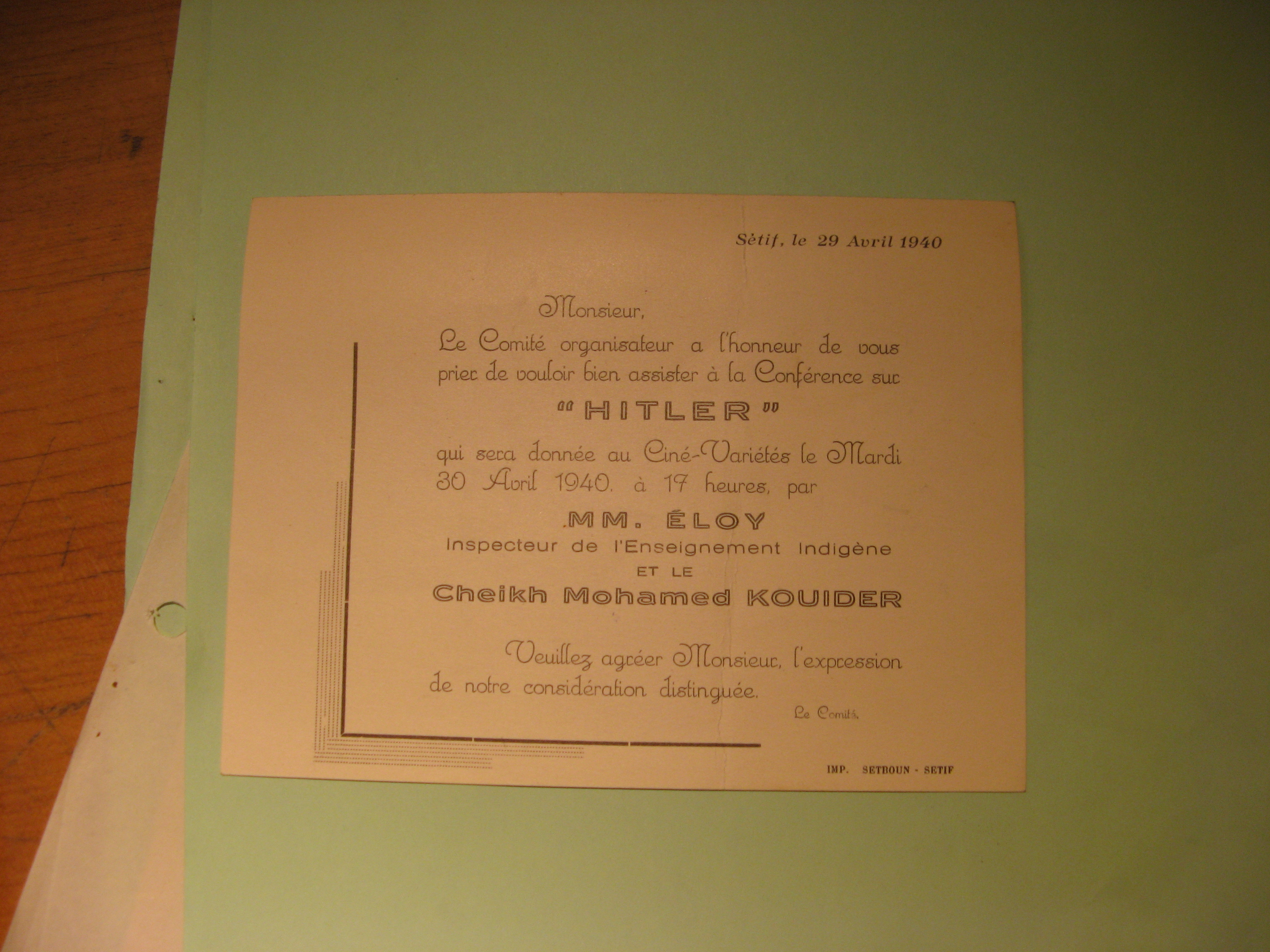 הזמנה לכנס על היטלר ב - 1940, אלג'יריה